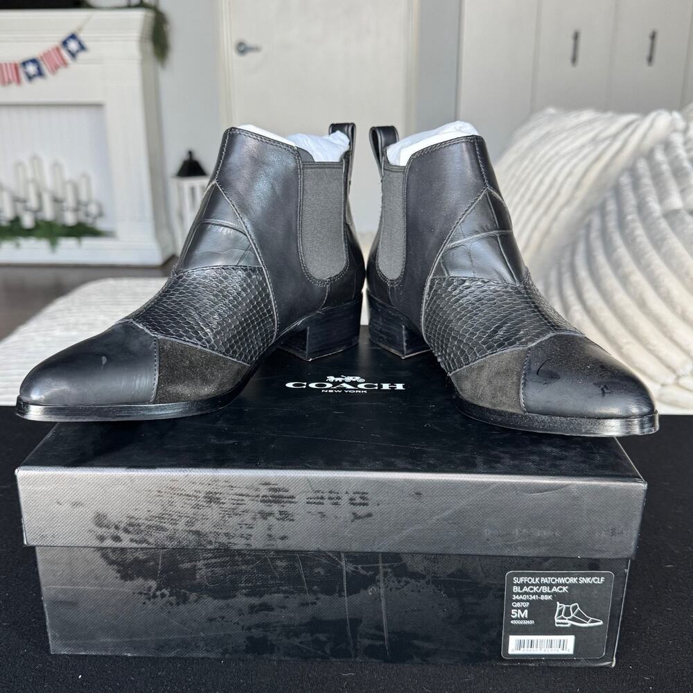 Coach Suffolk Patchwork Chelsea Ankle Boots Black Leather Women's Size 5M NIB
